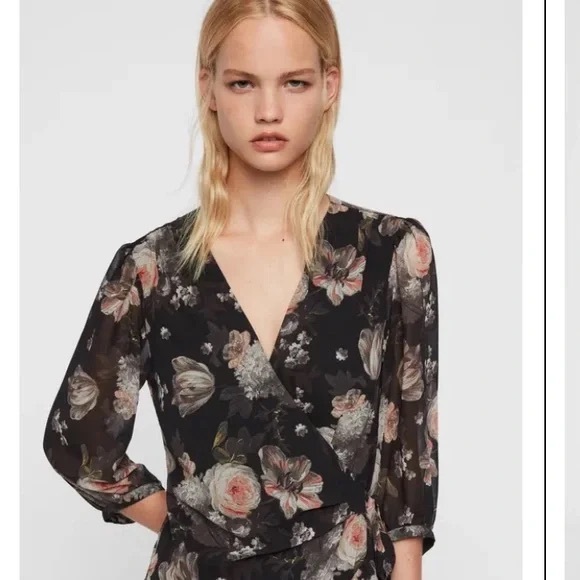 ALL SAINTS Jade Eden floral wrap mini dress size XS black long sleeve - Picture 5 of 12